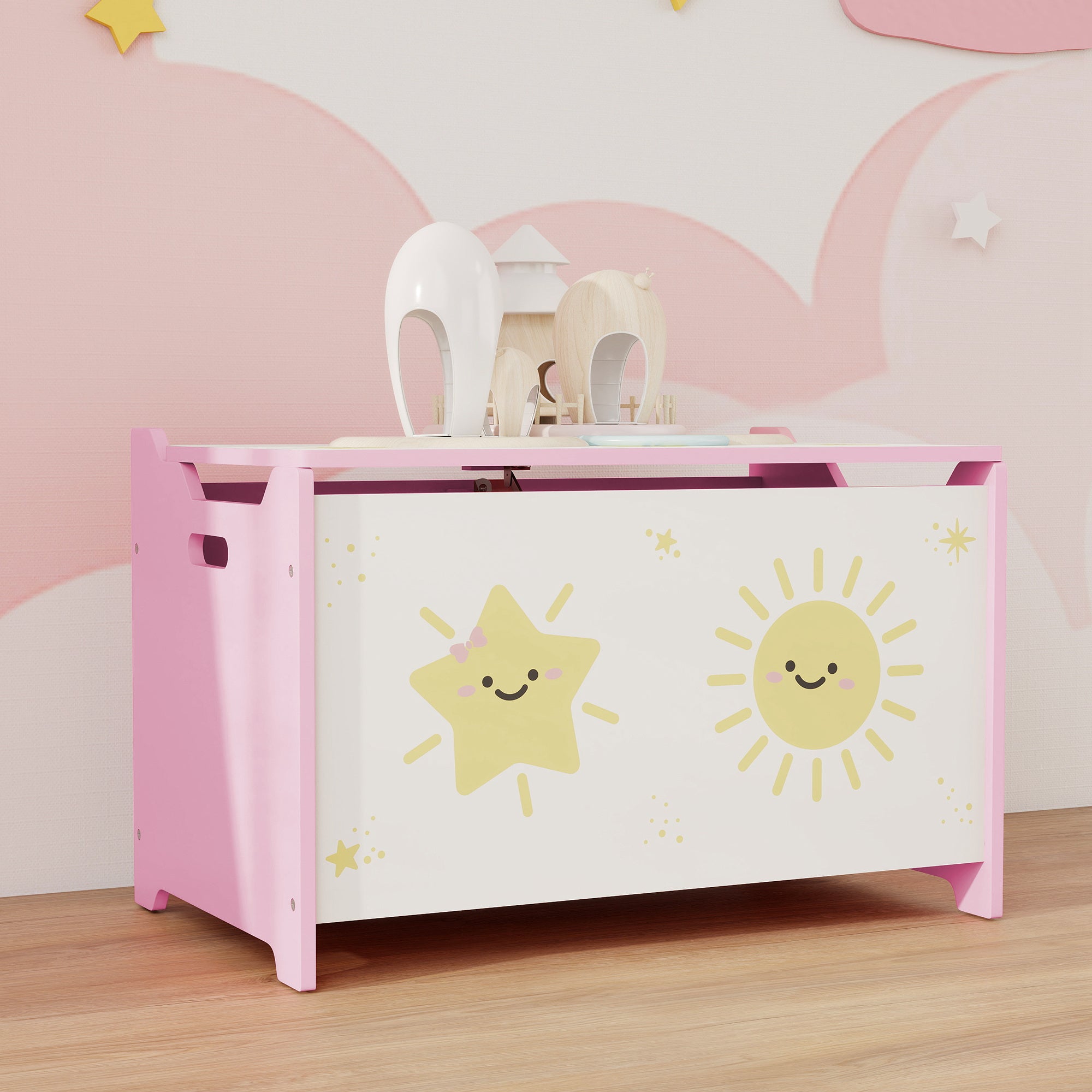 Children's Toy Storage Chest with Lid for Toys and Clothes, 60x37x39 cm, Pink