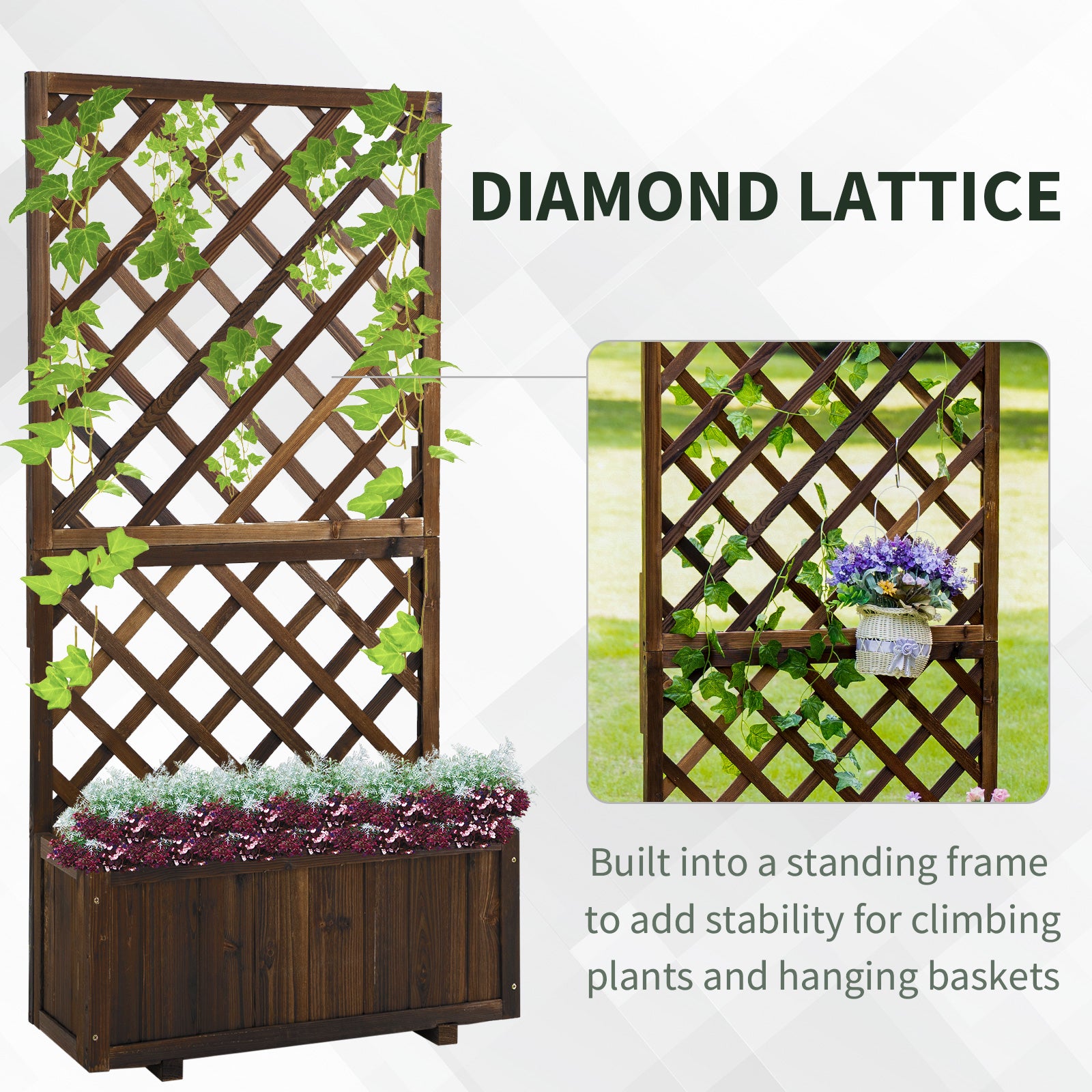 Outsunny Outdoor Fioriera with grilled for climbing and vase, in fir wood, 72.5x31.5x149.5 cm - Borgè