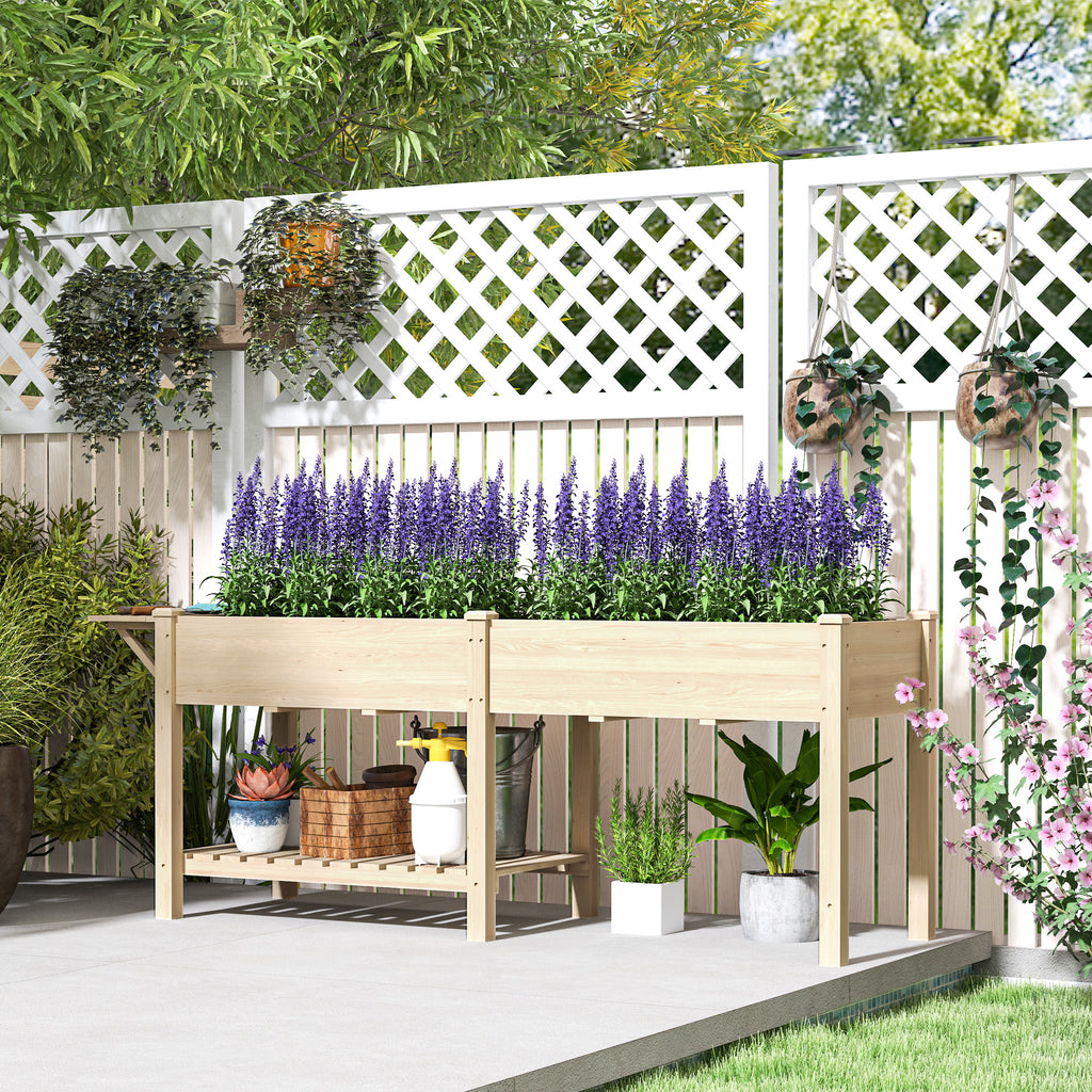 Raised Planter with Side Table and Lower Tool Shelf, in Fir Wood, 207x59x78 cm