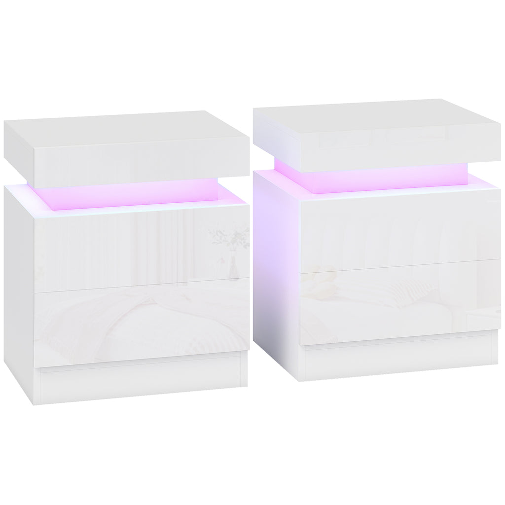 HOMCOM Set of 2 LED Nightstands with 16 Colors and 4 Modes with 2 Drawers, Wooden, 45x35x52 cm, Glossy White