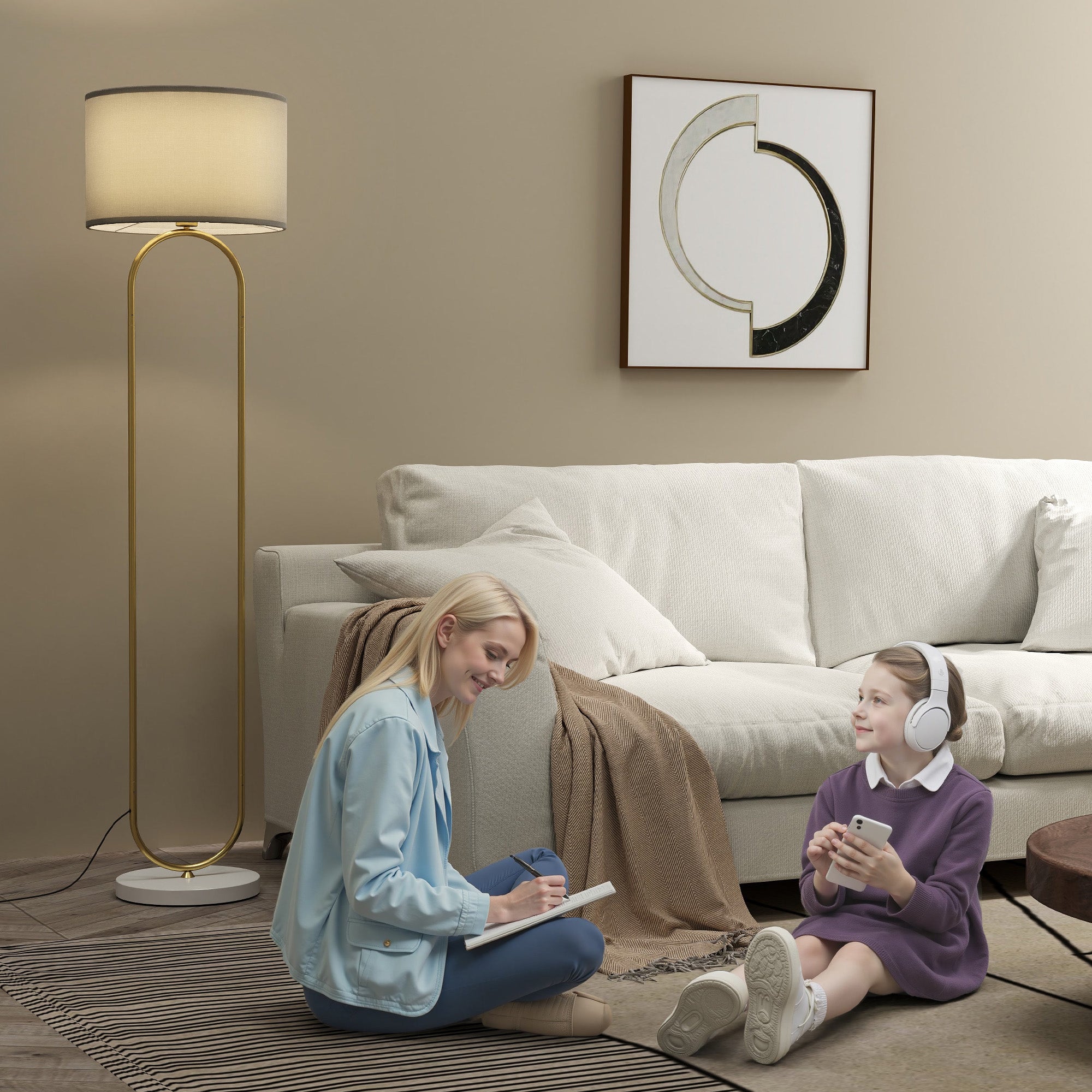 Modern Floor Lamp with Fabric Shade, Double Metal Tube and Foot Switch, Gold
