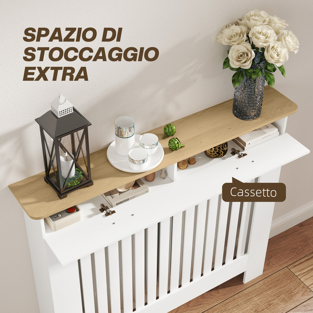 Anti-tipping slatted radiator cover with storage drawer, in wood, 112x19x97 cm, White