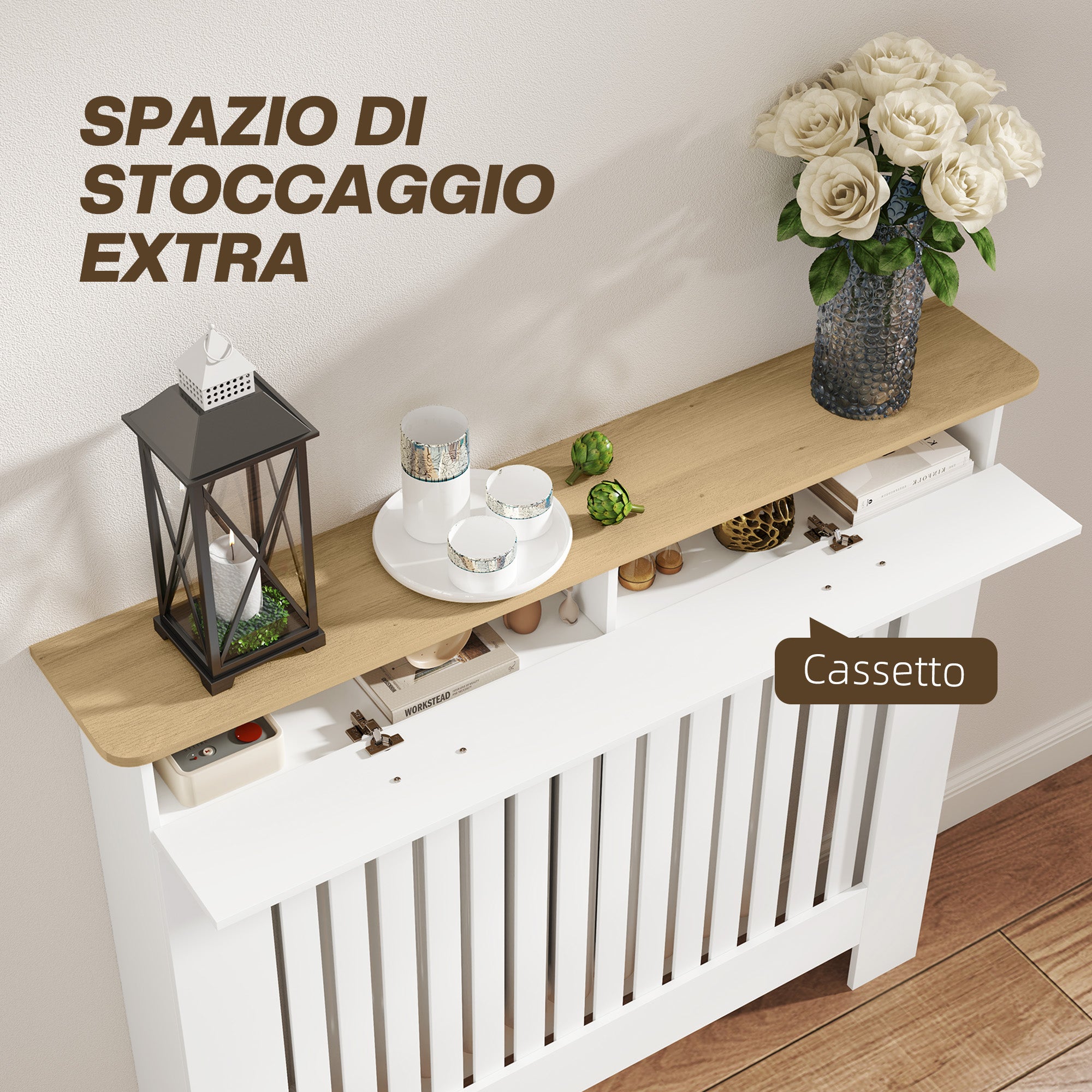 Anti-tipping slatted radiator cover with storage drawer, in wood, 112x19x97 cm, White