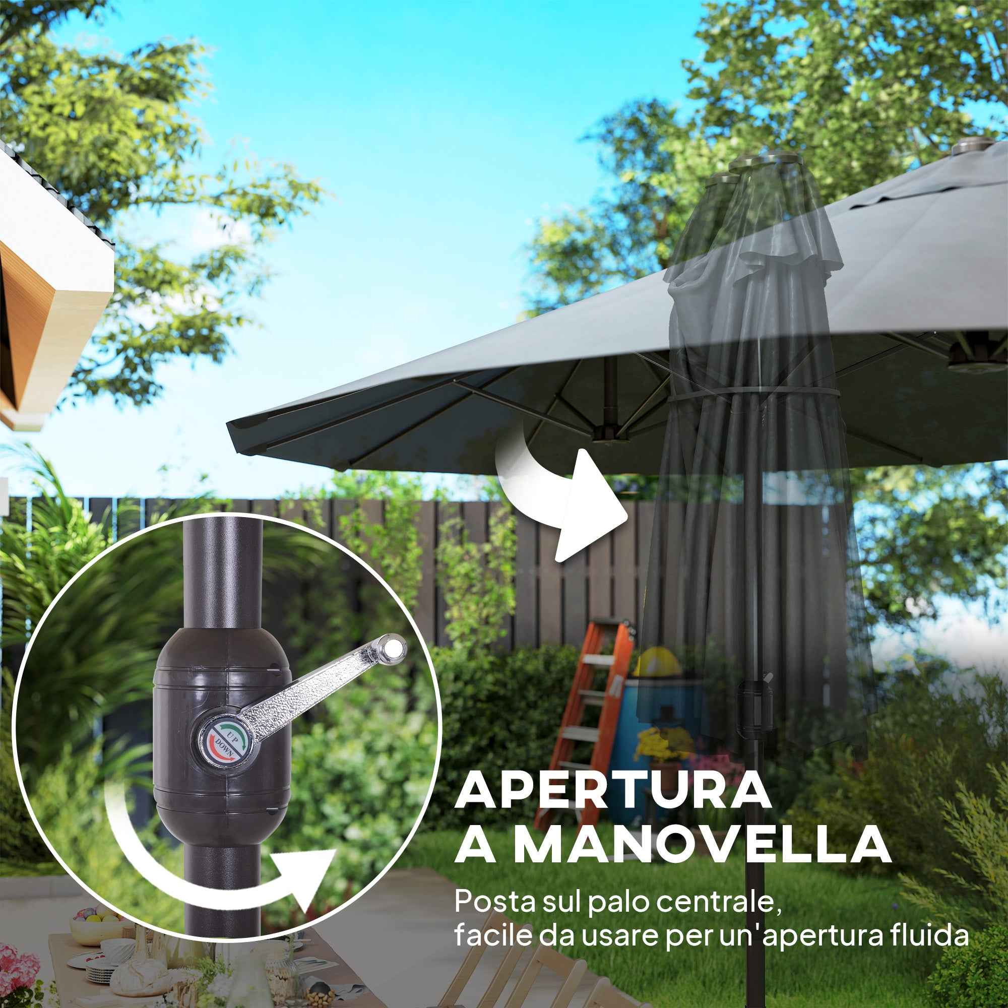 Outsunny Double Umbrella with 12 Ribs, Cross Base and Crank, in Steel and Polyester, 455x265x238 cm, Grey