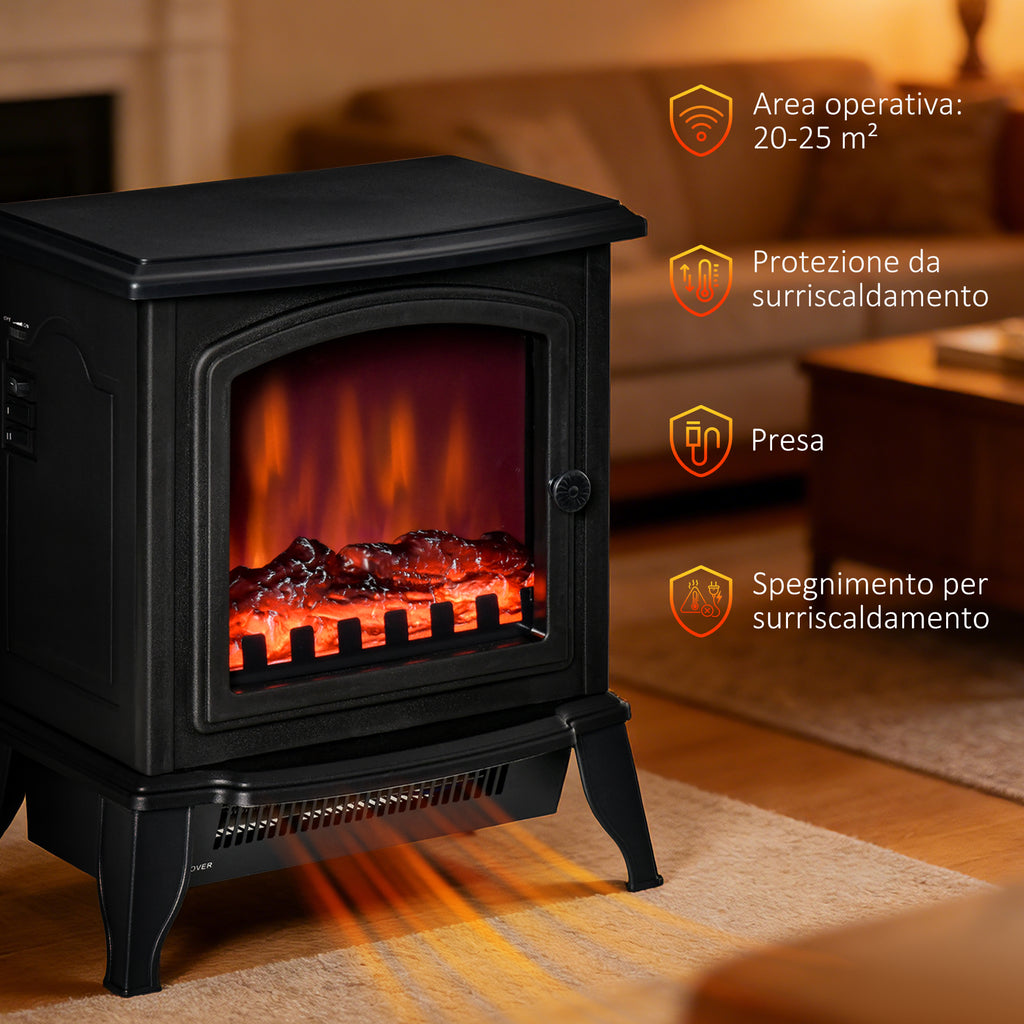 Portable Electric Fireplace 1000W/2000W with Flame Effect, ABS and Tempered Glass, 36.5x24x45.5 cm, Black
