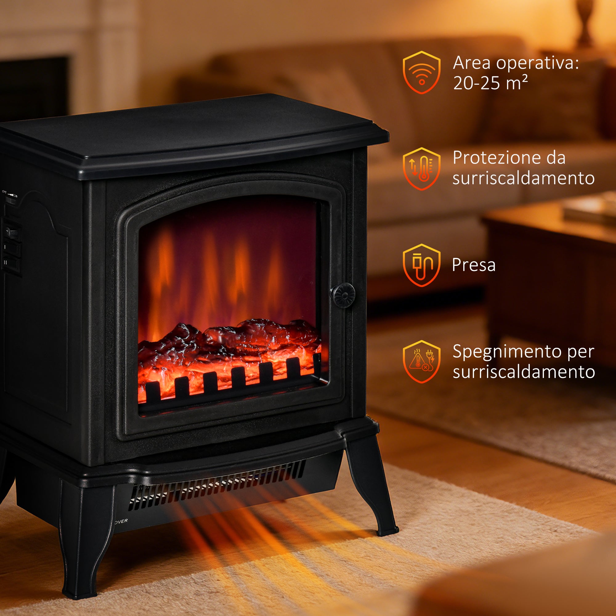 Portable Electric Fireplace 1000W/2000W with Flame Effect, ABS and Tempered Glass, 36.5x24x45.5 cm, Black