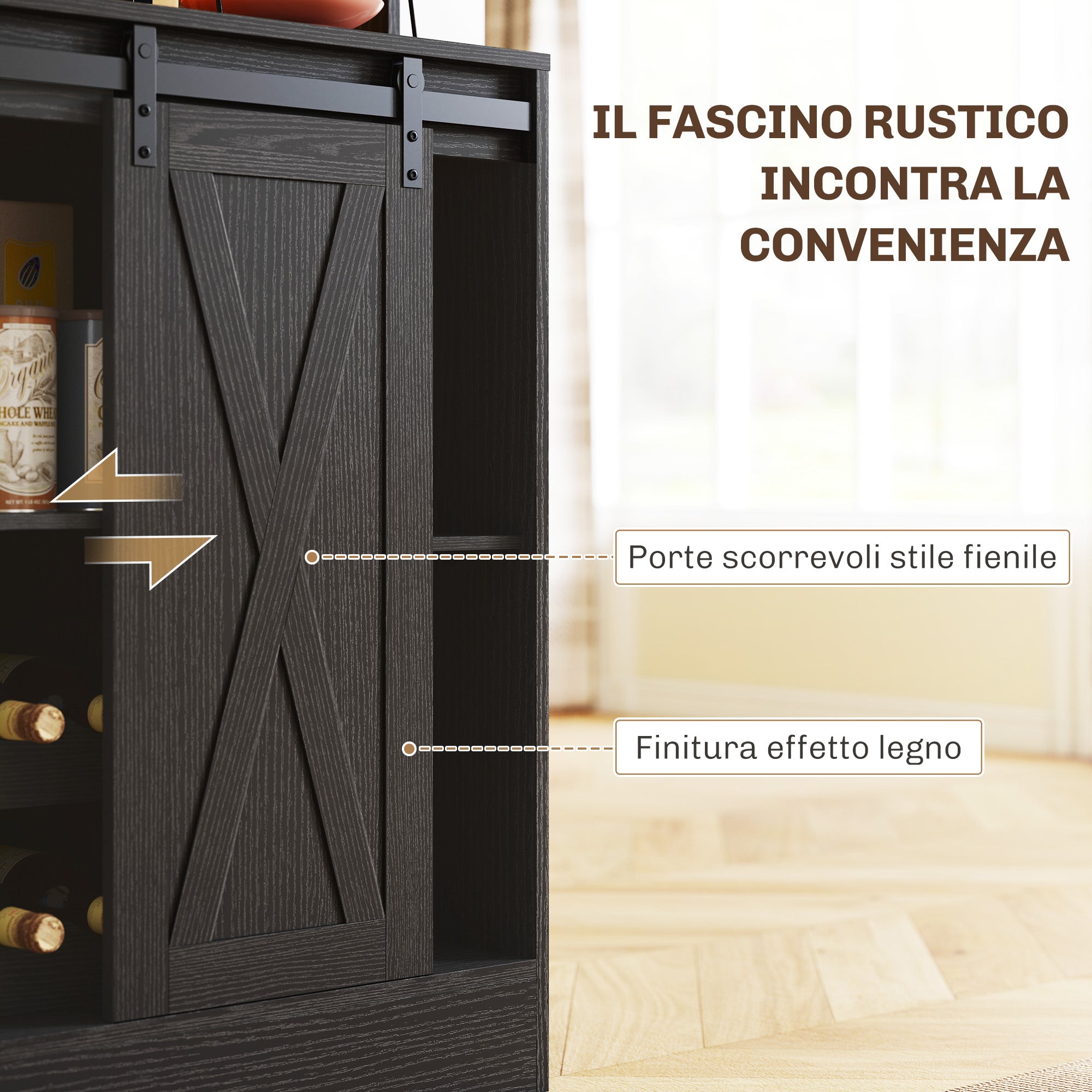 Rustic Tall Kitchen Sideboard with 2 Cabinets, Bottle Rack, Charging Sockets and LED Lights, Black