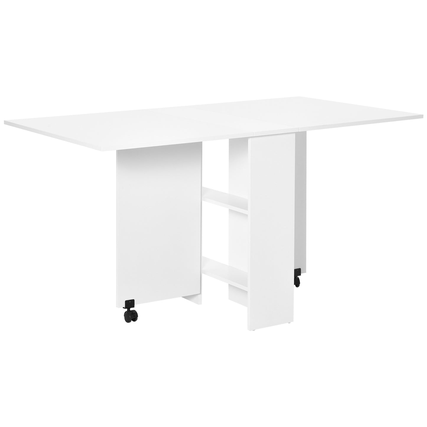 LEAF - Foldable Dining Table for 4-6 People with 2 Wheels, Space-Saving Leaf Table with 2 Storage Shelves, 140x75x74cm, White