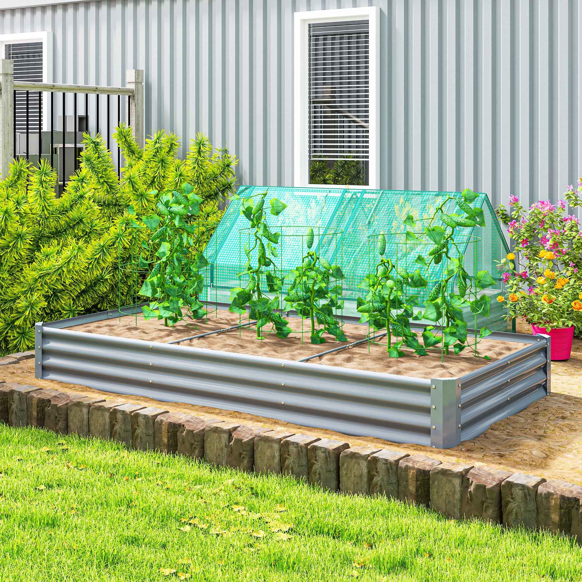 Outsunny Outdoor Steel Planter with Open Bottom and Reinforced Edges, 240x120x30 cm, Silver