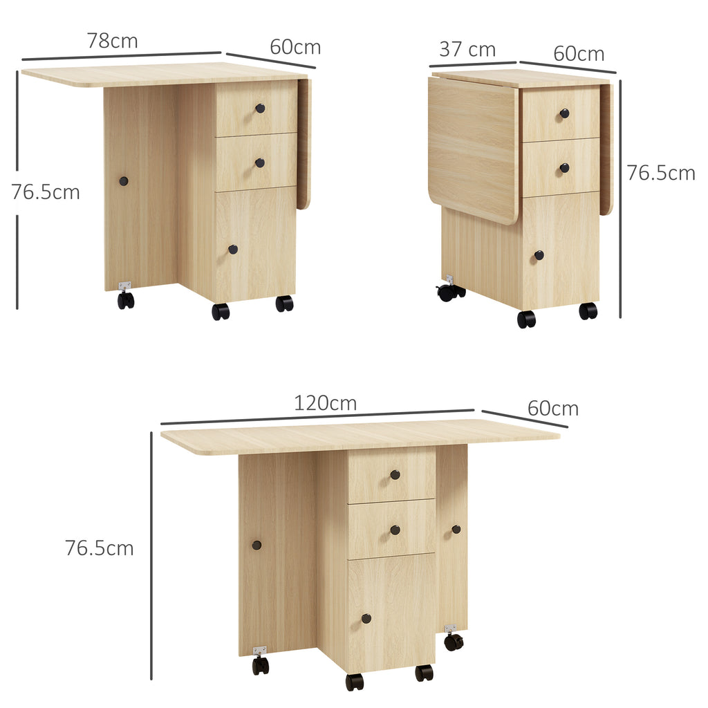 Folding Table with 2 Drawers and Cabinet, 6 Wheels and Brakes, 120x60x76.5 cm, Wood Color