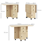 Folding Table with 2 Drawers and Cabinet, 6 Wheels and Brakes, 120x60x76.5 cm, Wood Color