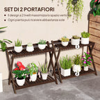 Set of 2 2-Tier Plant Holders with Slatted Design in Fir Wood, 73x36x64 cm, Burnt Brown