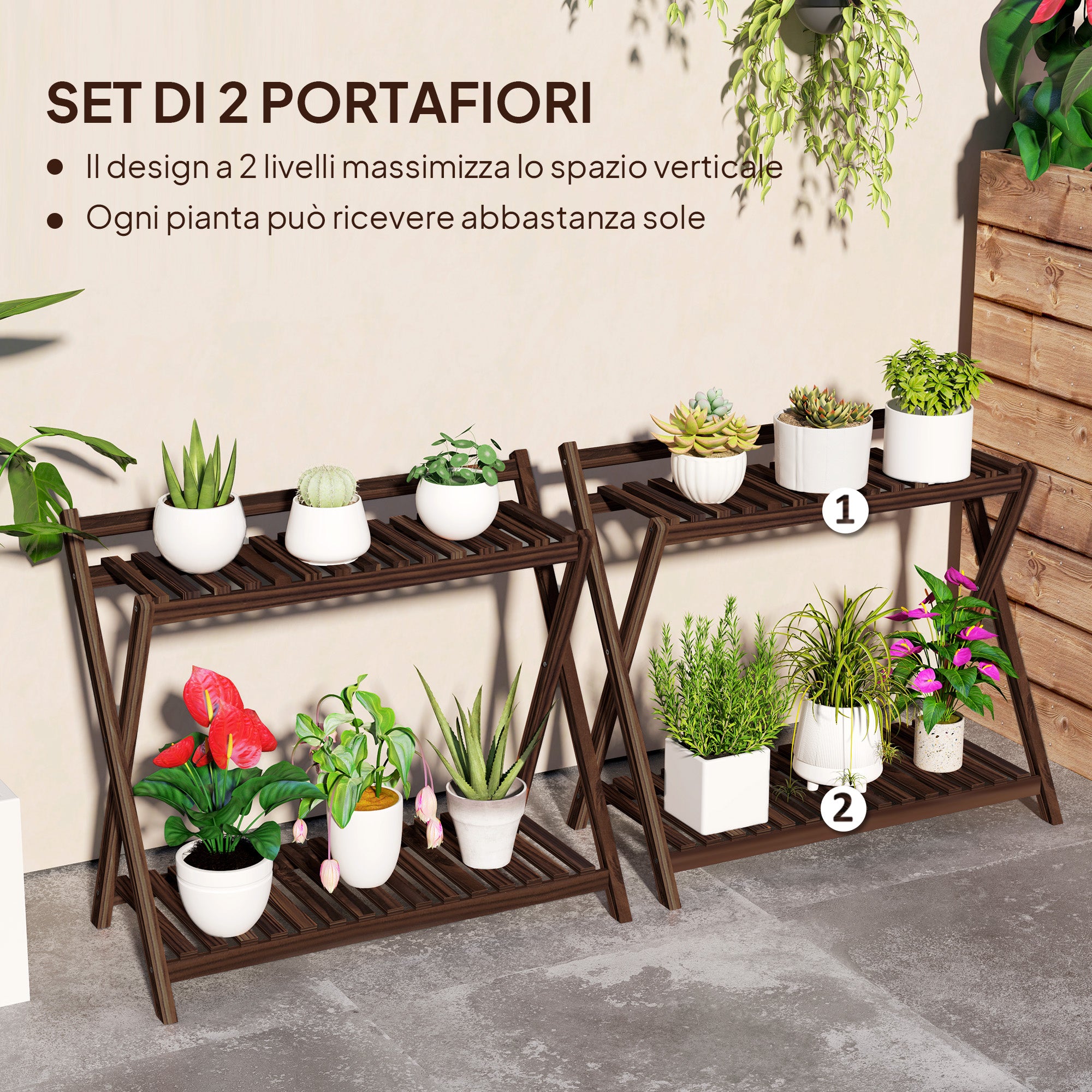 Set of 2 2-Tier Plant Holders with Slatted Design in Fir Wood, 73x36x64 cm, Burnt Brown