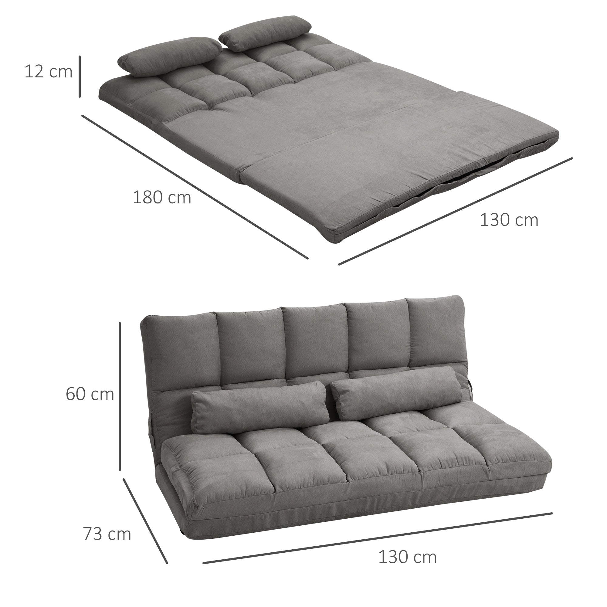 2-in-1 Floor Sofa with 7-Level Reclining Backrest and Cushions, 130x73x60 cm, Charcoal Grey