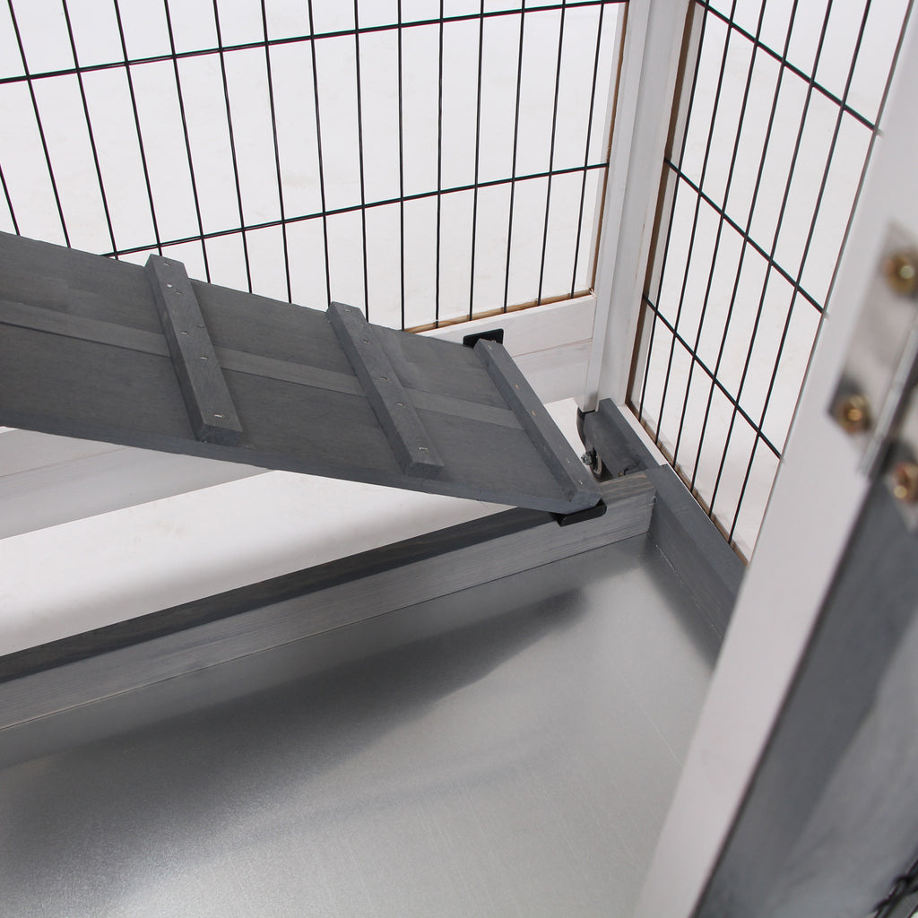 Wooden Rabbit Hutch with Wheels, Removable Trays and House with Ramp, 110x50x88 cm, Grey and White