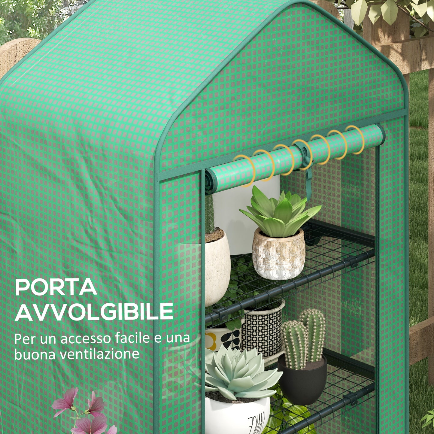 Outsunny 4-Tier Plant Greenhouse with Roll-Up Door, Metal and PE, 69x49x158 cm, Dark Green - Borgè