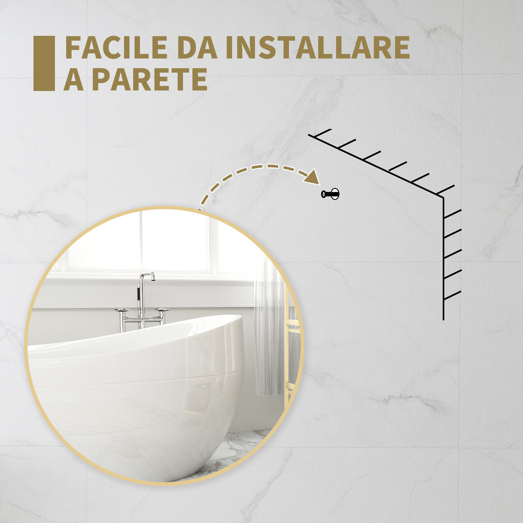 Round Bathroom Mirror with Shockproof Surface, Glass and Steel, Ø70x2.5 cm, Gold Color