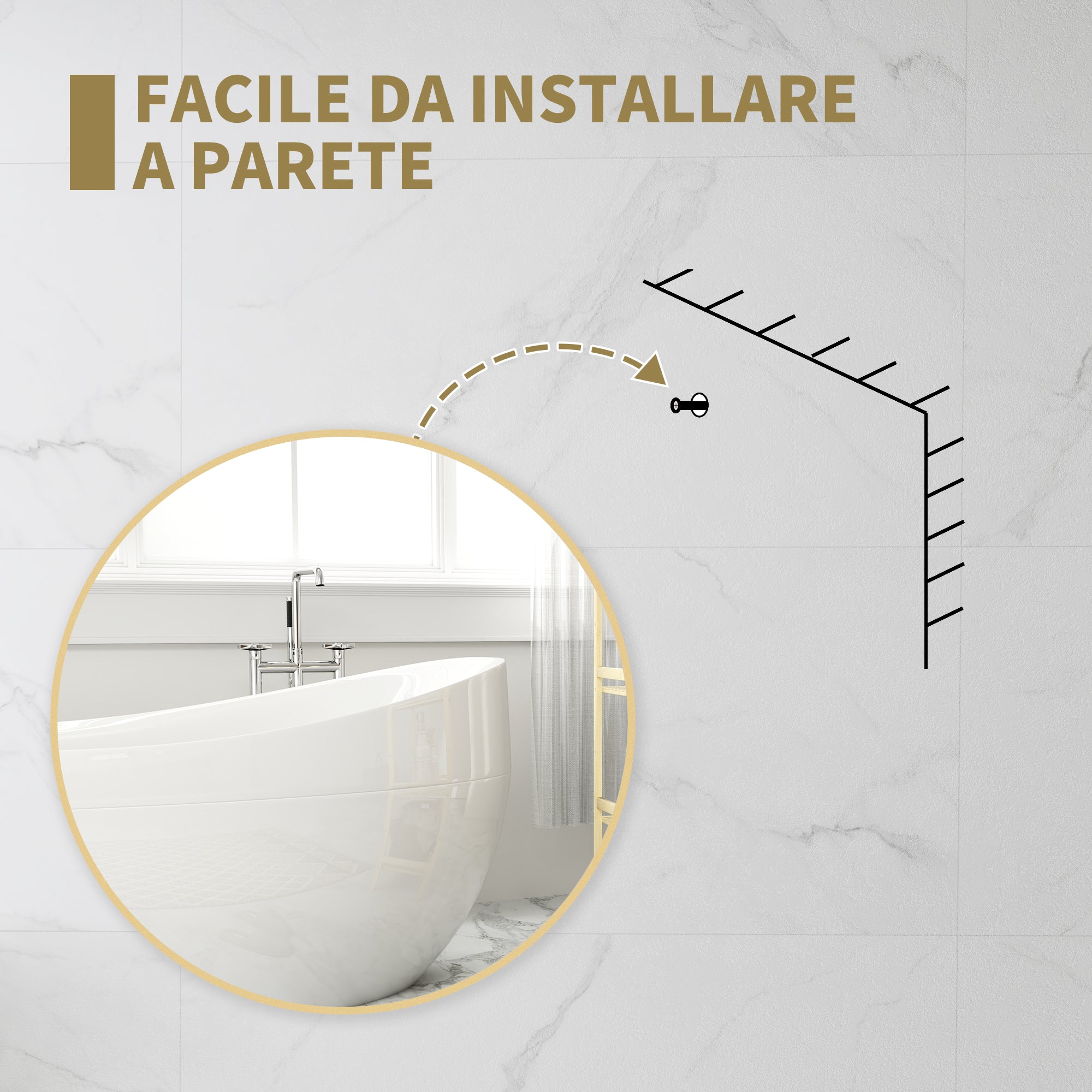 Round Bathroom Mirror with Shockproof Surface, Glass and Steel, Ø70x2.5 cm, Gold Color