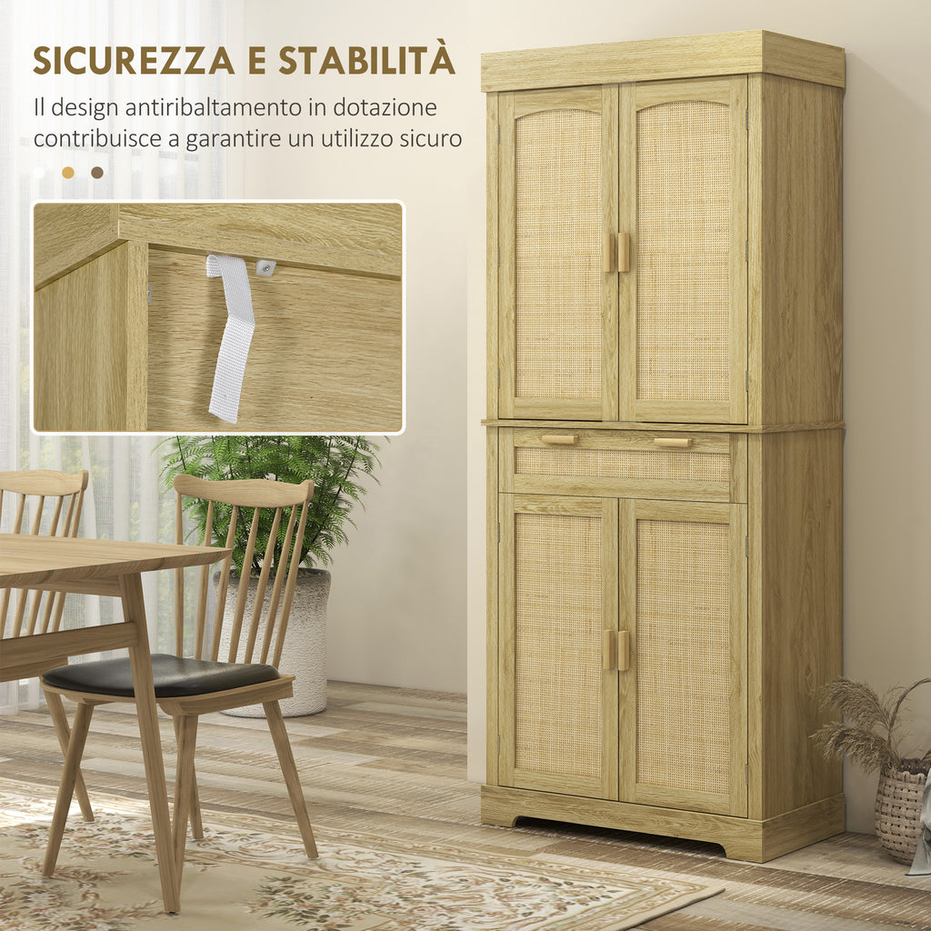 Boho Style Kitchen Sideboard with 2 Cabinets, Drawer and Spice Rack in Wood and Rattan, 76x40x183cm, Oak