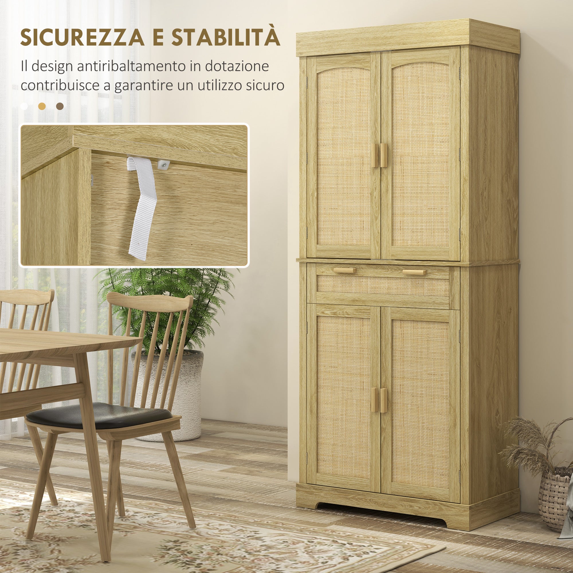 Boho Style Kitchen Sideboard with 2 Cabinets, Drawer and Spice Rack in Wood and Rattan, 76x40x183cm, Oak
