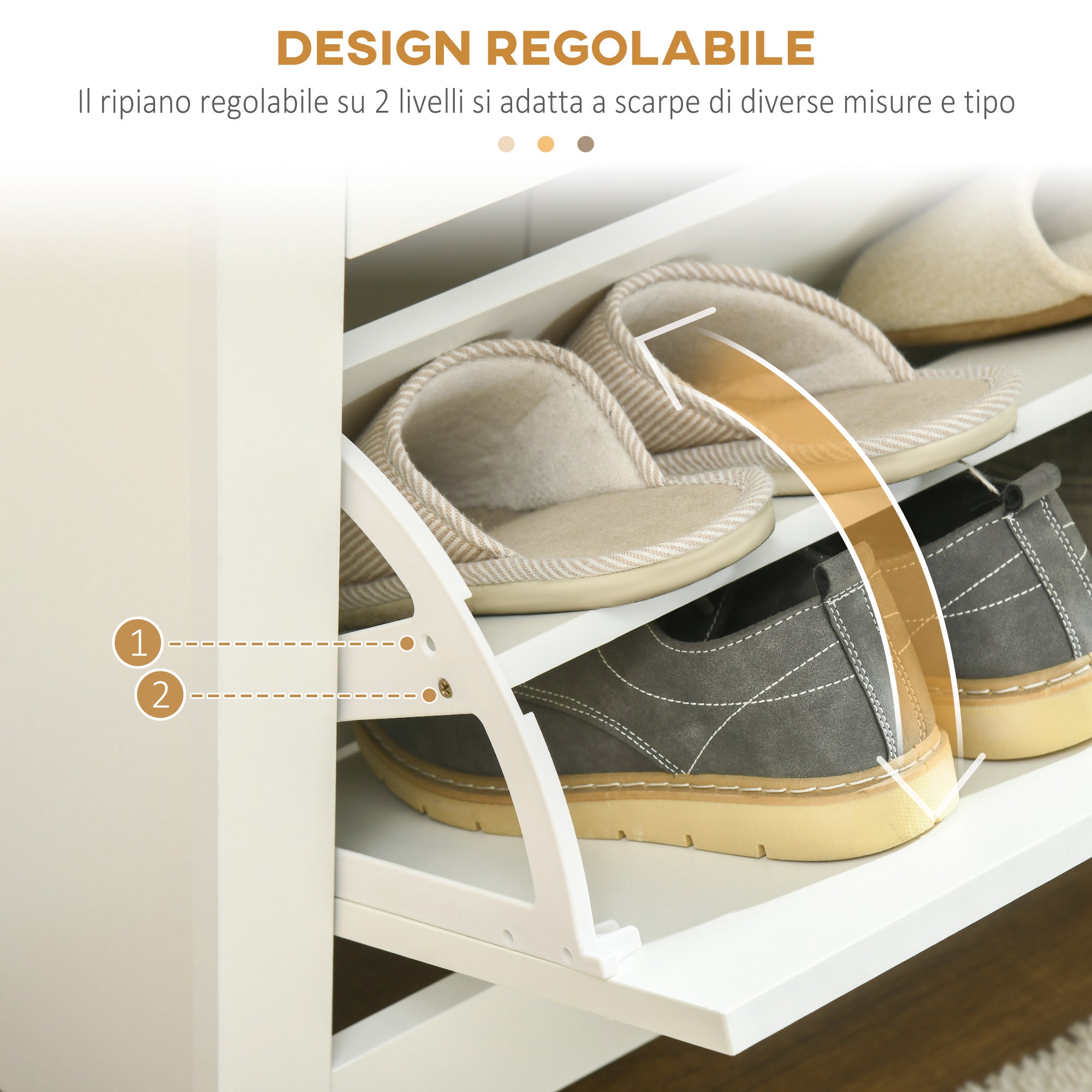 Modern Shoe Rack for 12 Pairs Max with 2 Adjustable and Removable Drawers, in Wood, 72x26x80 cm, White