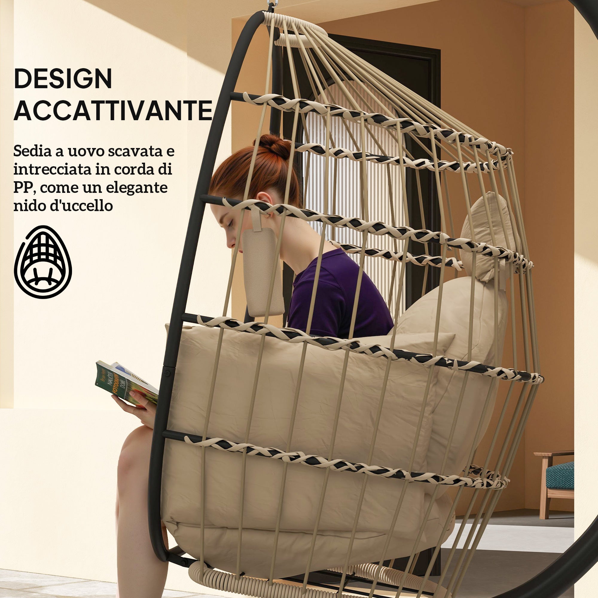 Hanging Egg Chair with Adjustable Hook, 2 Cushions and Folding Basket, 120x88x192 cm, Khaki