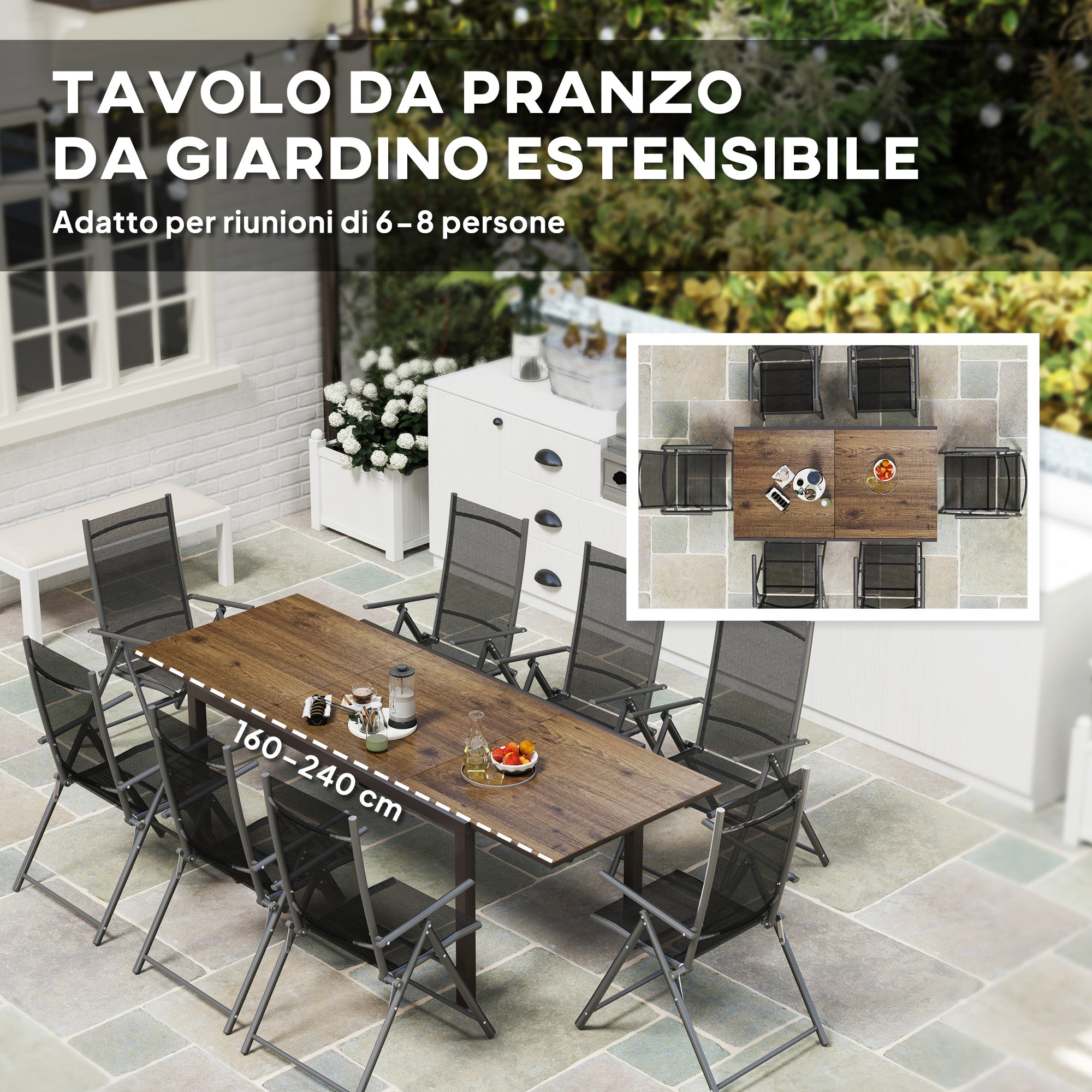 Extendable Garden Table 160-240 cm for 6-8 People Rectangular in Steel and Aluminum, Wood Effect