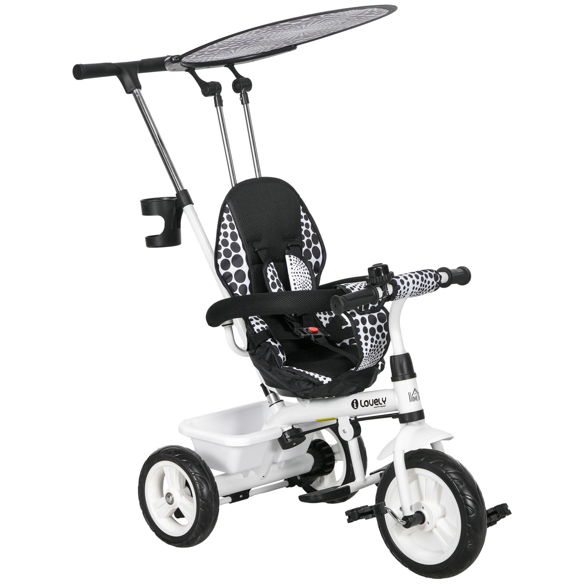 Children's Tricycle with Push Handle, Canopy, Safety Bar and Playpen, 105x47x89 cm, White and Black