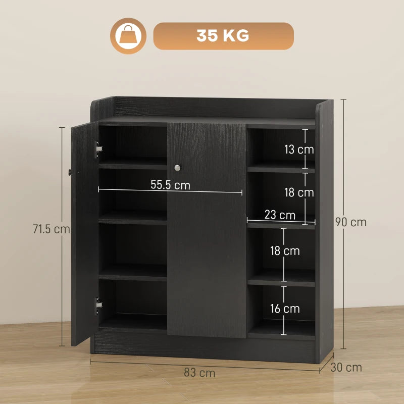Shoe Rack with 4 Open Shelves, Multipurpose Shoe Cabinet with 2 Doors and Adjustable Shelves, Space-Saving Shoe Storage for 12 Pairs, 83x30x90 cm, Black