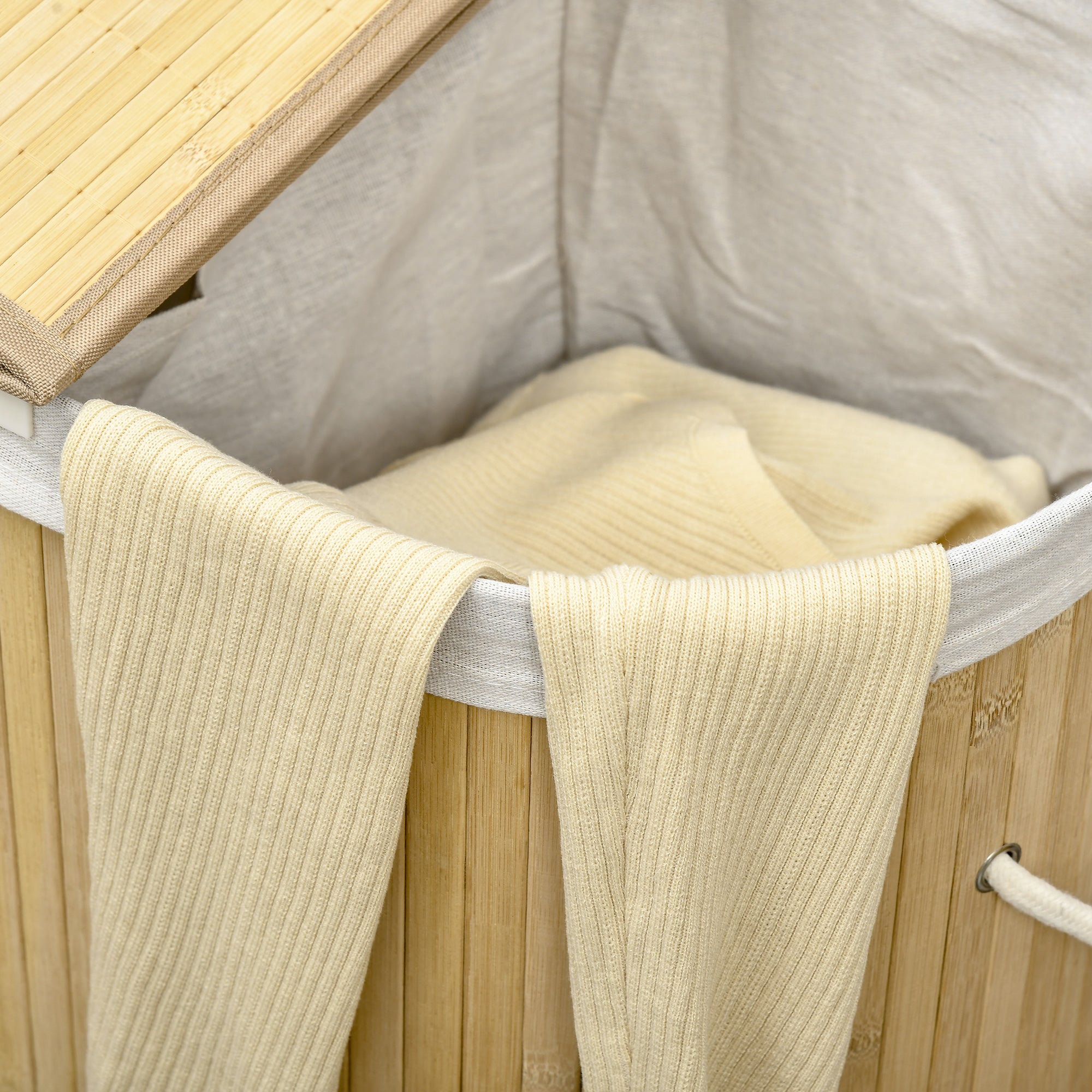 Laundry Basket 2-Section , 2 Lids and 100L Capacity with Removable Internal Bag, 62.5x37x60.5 cm