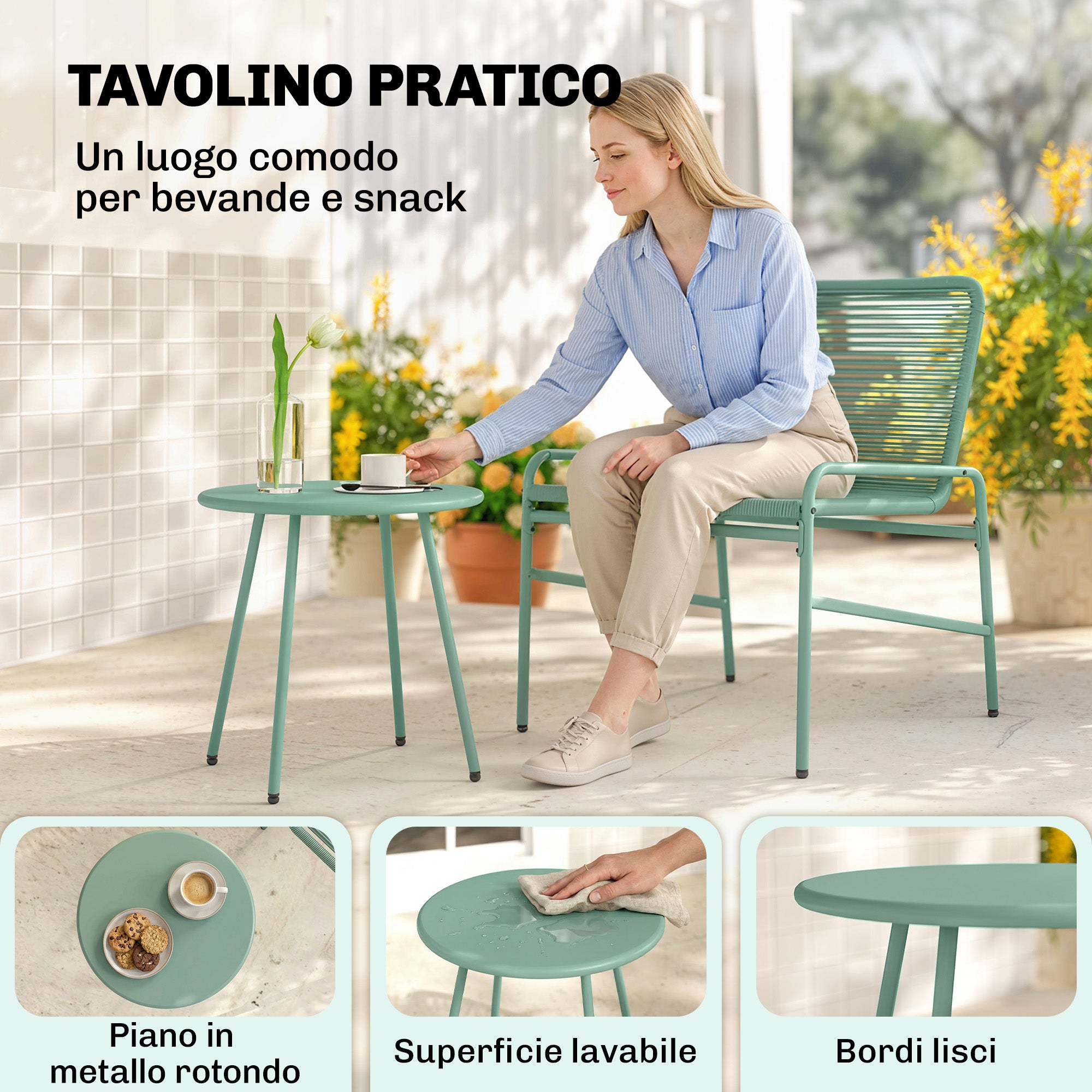 Outsunny 3-Piece Rattan Bistro Set: 2 Chairs, Round Garden Table, Green.