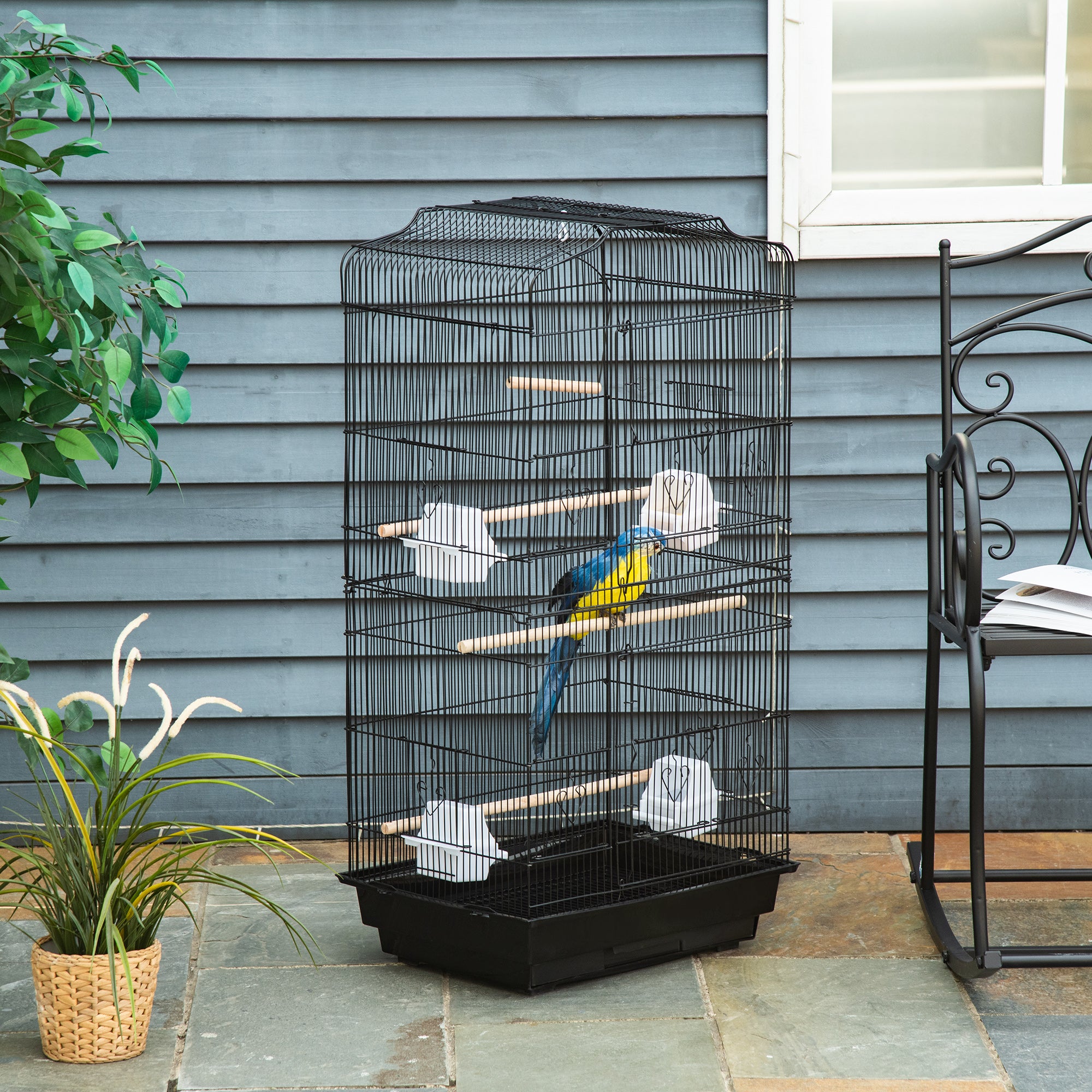 Bird Cage in Metal and Plastic with Perches, Swing and Bowls, 46.5x35.5x92 cm, Black