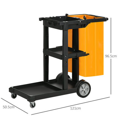 3-Shelf Cleaning Trolley with Hooks and 100L Bag, 121x50.5x96.5 cm, Black, Yellow and Gray