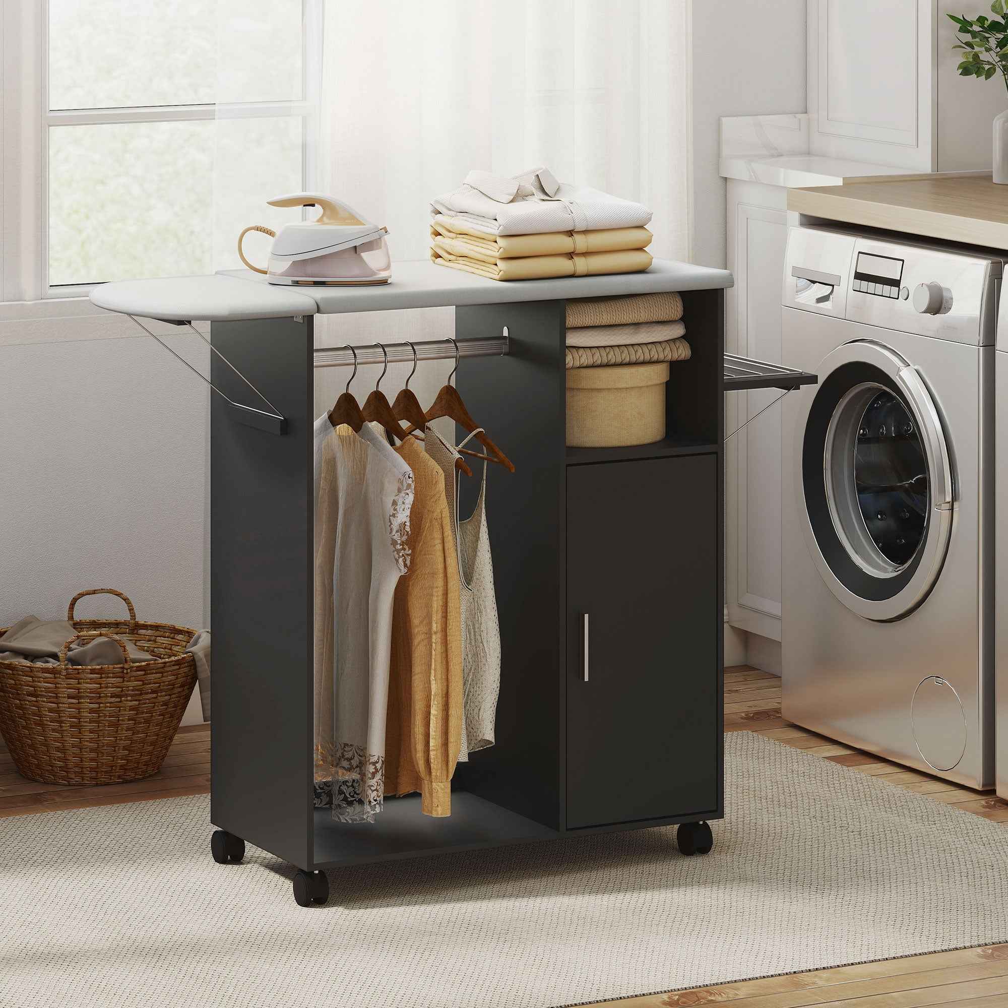 HOMCOM Ironing Board with Linen-Effect Top, 3 Cube Shelves and Rail, 127x42.5x99 cm, Black