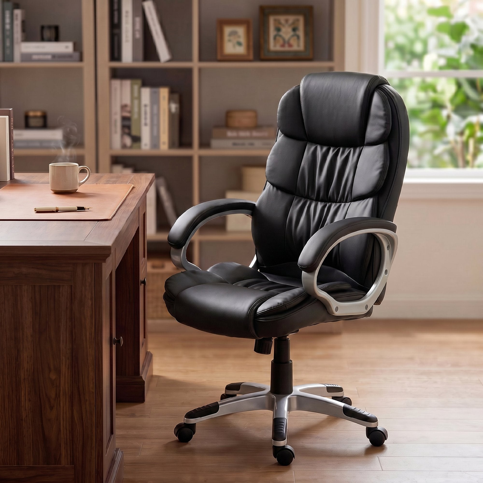 HOMCOM Ergonomic PU Leather Swivel Office Chair with Rocking and Adjustable Height, Black