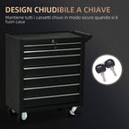 Workshop Trolley with 7 Drawers, Lock with Keys, Wheels and Handle, 69x33x75cm, Black