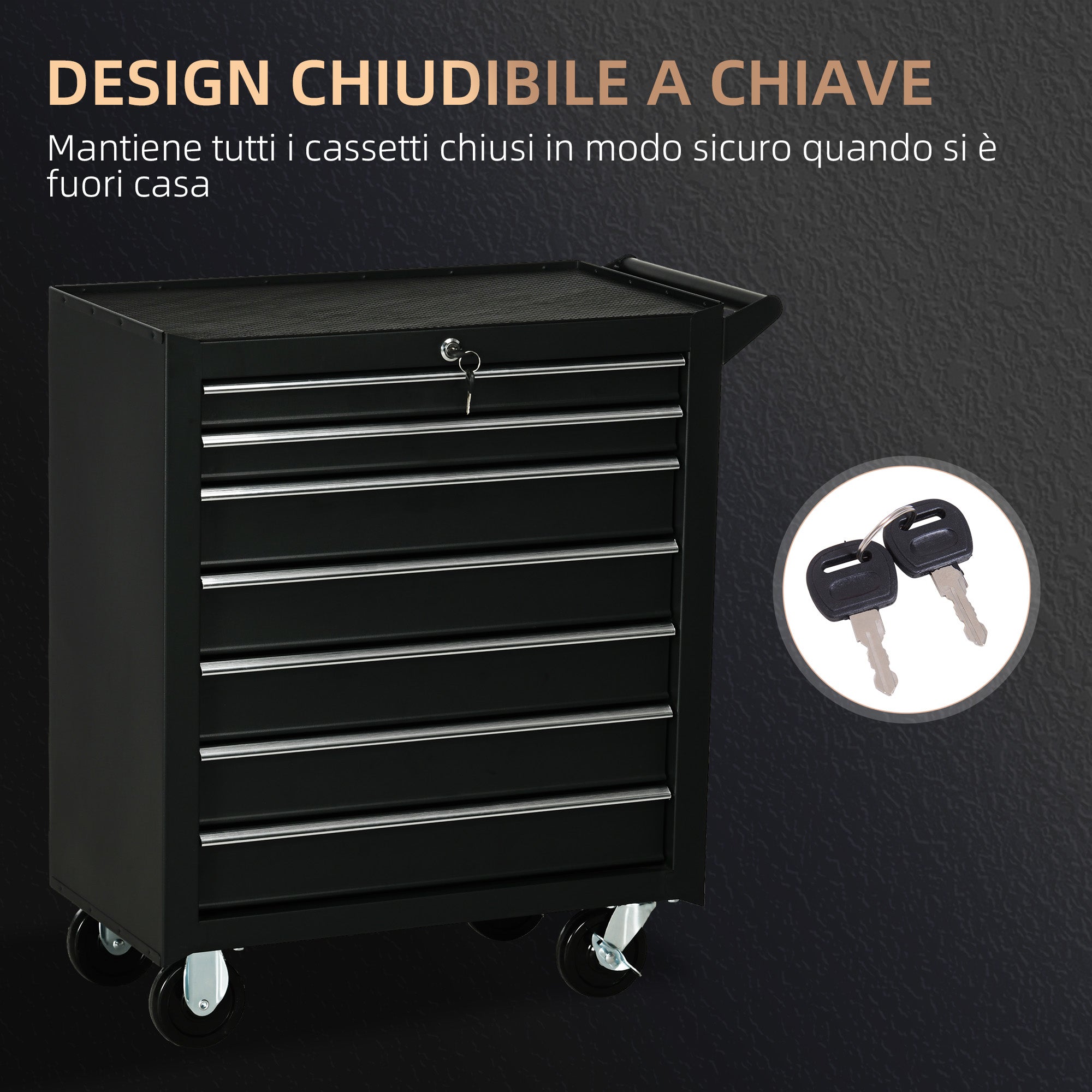 Workshop Trolley with 7 Drawers, Lock with Keys, Wheels and Handle, 69x33x75cm, Black