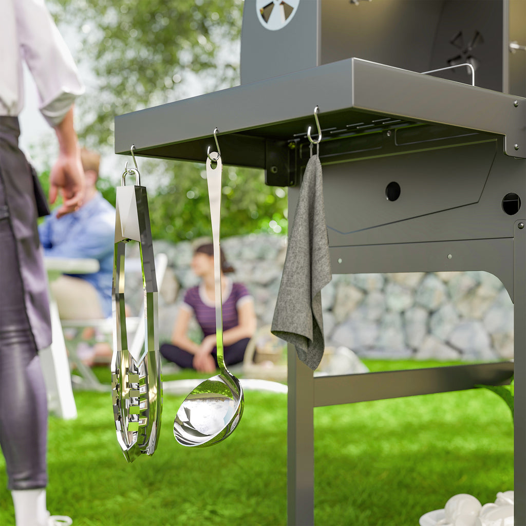 Charcoal and Gas Barbecue with 3 Burners and Lid, Thermometer, Wheels and Shelves, Black
