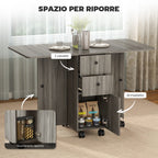 6-Wheel Drop-Leaf Table with 2 Drawers and Cabinet Doors, Wooden, 120x60x76.5 cm, Grey