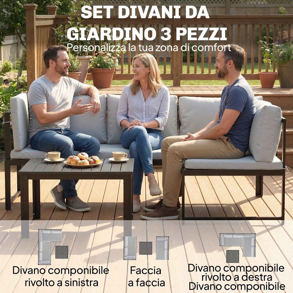 Outsunny 3-Piece Garden Set with 4-Seater Corner Sofa and Slatted Coffee Table, in Metal and Grey Polyester