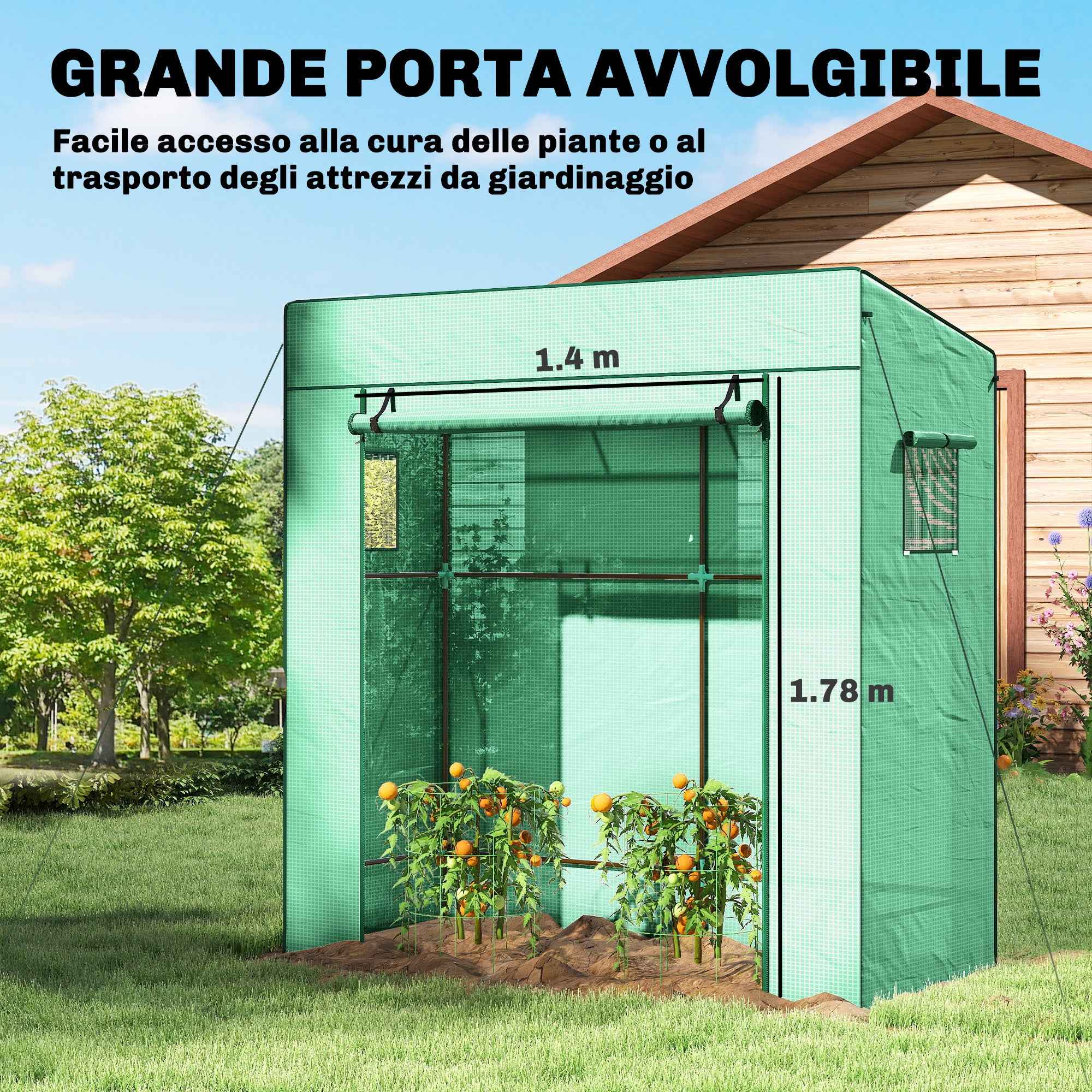 Outsunny Greenhouse for Plants with 2 Side Mesh Windows and Roller Door, in PE and Steel, 196x77x197 cm, Green