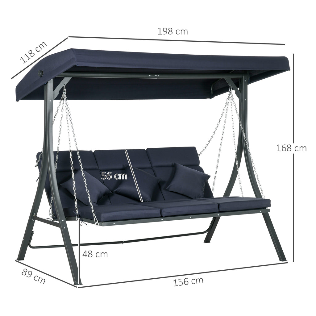 3 Seater Garden Swing with Cushions, Chaise Longue Seat and Canopy, 198x118x168 cm, Dark Blue