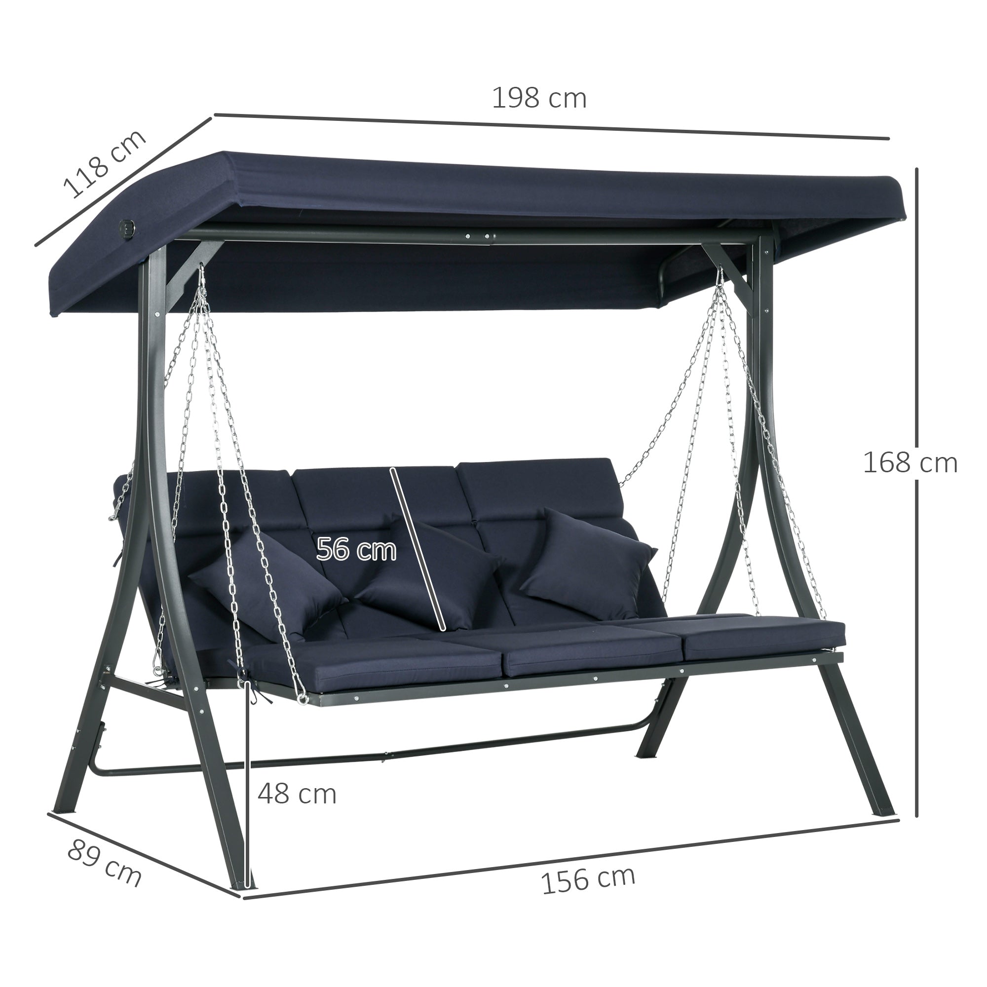 3 Seater Garden Swing with Cushions, Chaise Longue Seat and Canopy, 198x118x168 cm, Dark Blue