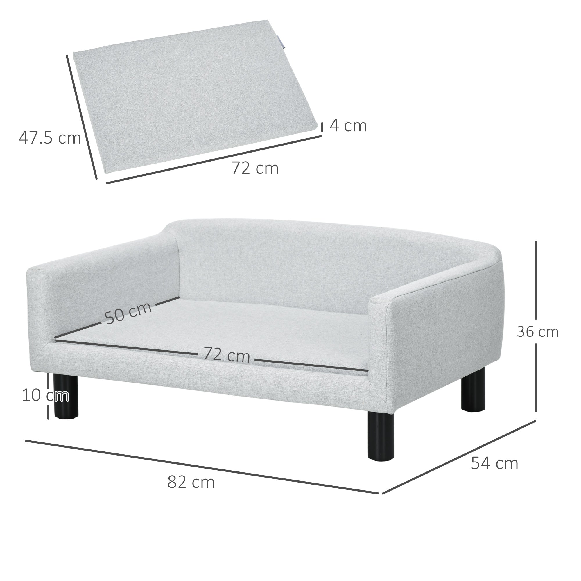Velvet Dog Sofa with Cushion, Armrests and Backrest, 82 x 54 x 36 cm, Light Grey