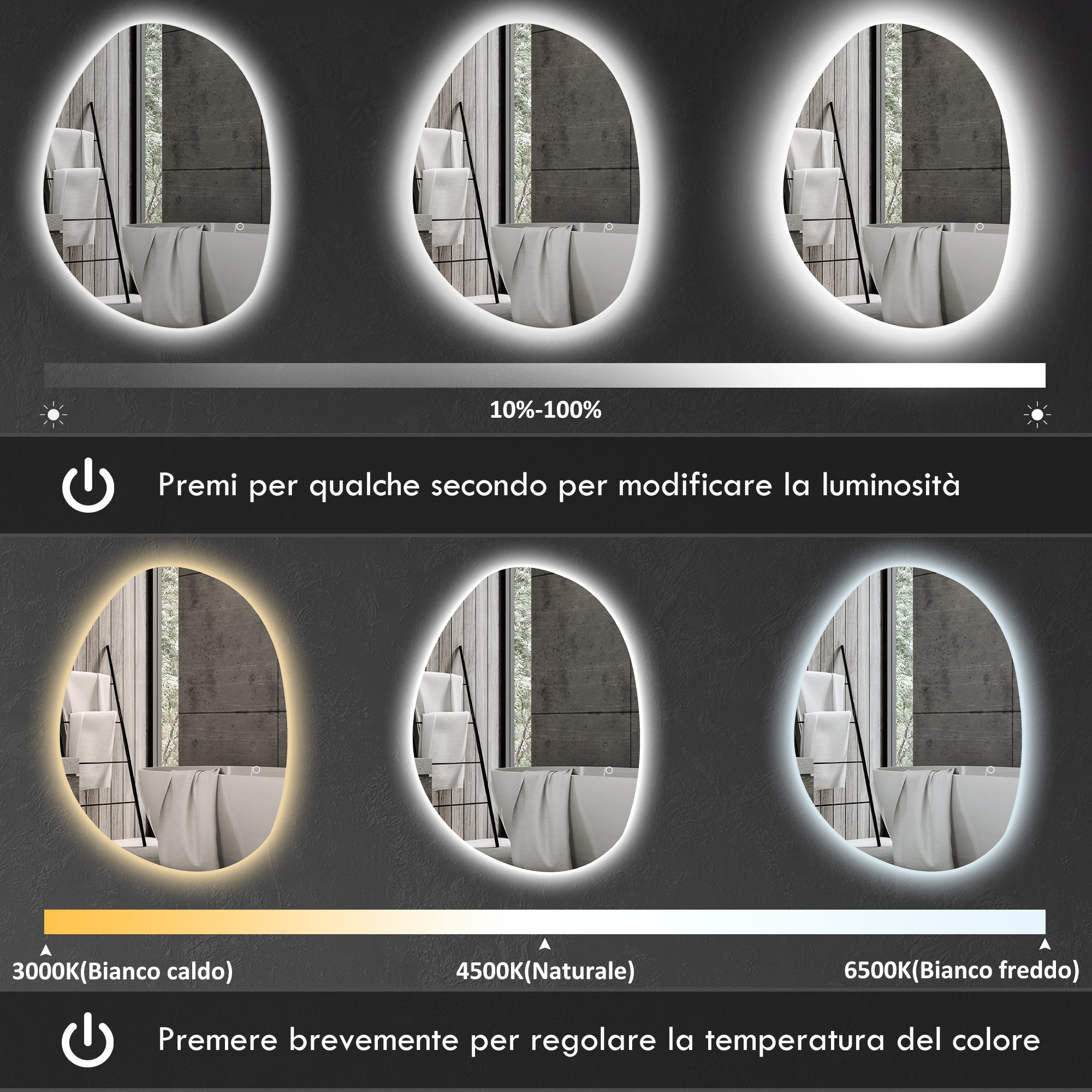 LED Illuminated Bathroom Mirror with Adjustable Color and Temperature, Tempered Glass, 70x5x50 cm, Silver