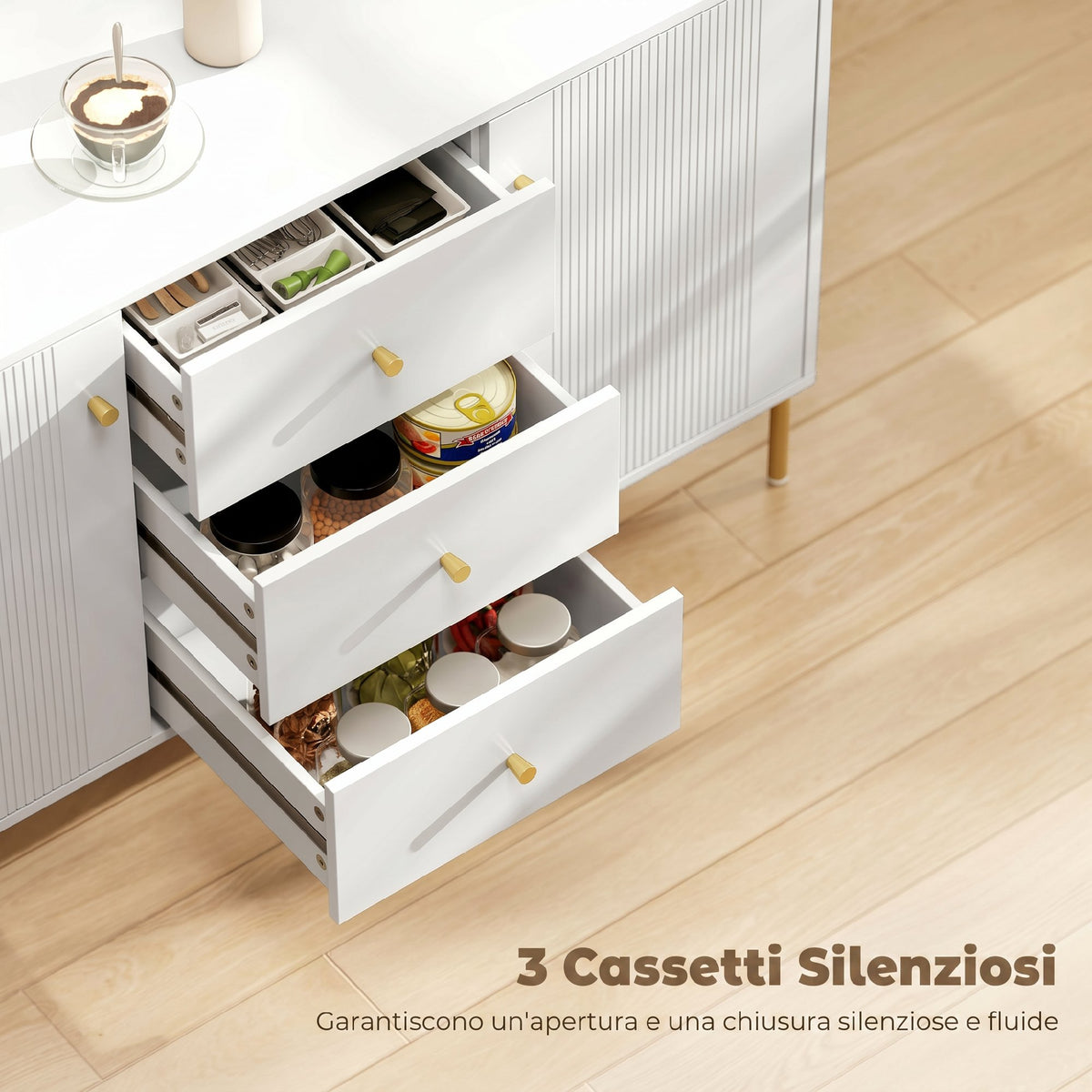 HOMCOM Modern Sideboard, Coffee Bar Cabinet with 3 Silent Drawers, 2 Adjustable Shelves, 5 Steel Legs, White