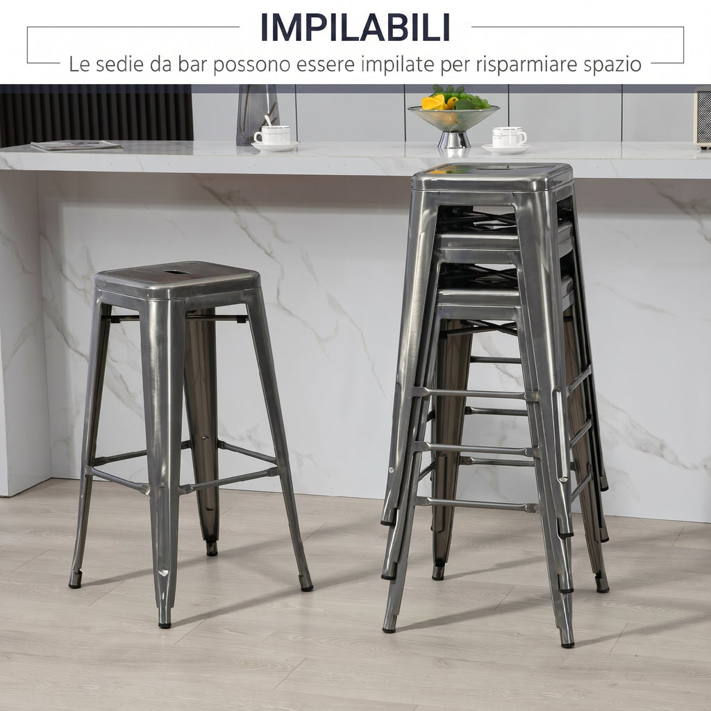 HOMCOM Set of 4 Stackable Bar Stools with Footrest, Industrial Style, Steel, for Dining Room, Silver