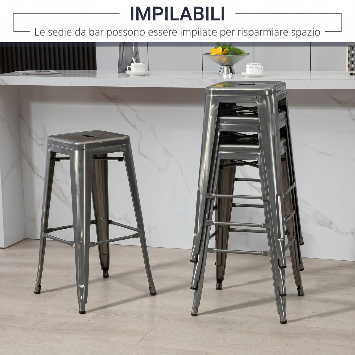 HOMCOM Set of 4 Stackable Bar Stools with Footrest, Industrial Style, Steel, for Dining Room, Silver