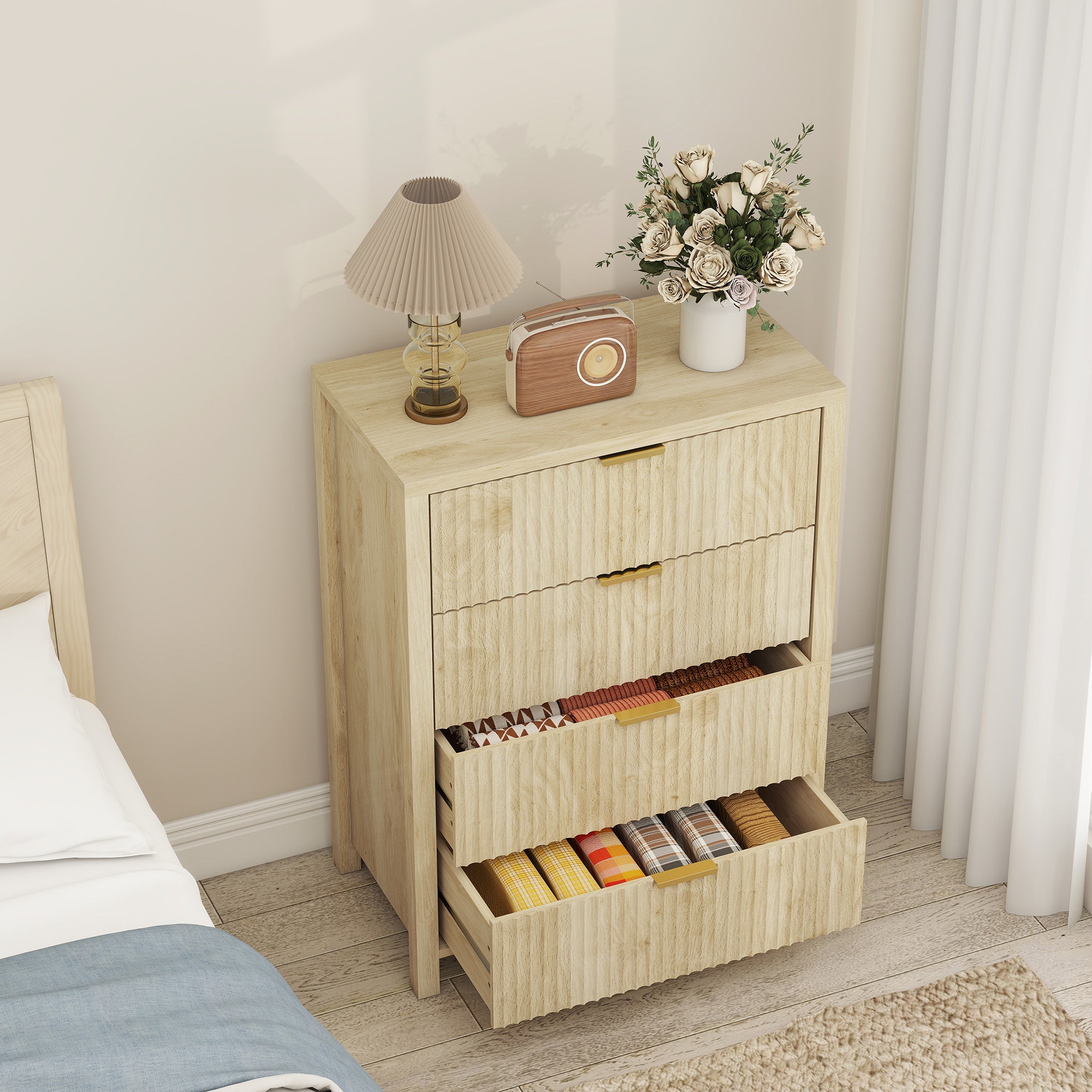 Chest of Drawers with 4 Grooved Drawers and Golden Handles, 70x38x93 cm, Natural Wood