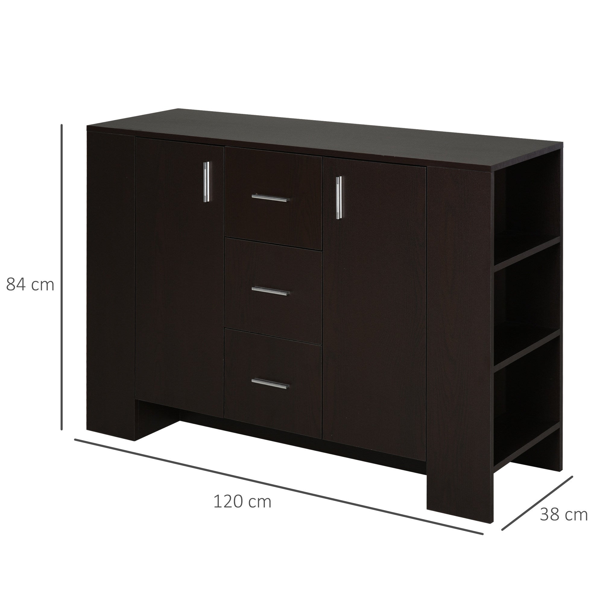 Classic Style Sideboard for Dining Room with 2 Doors, 3 Drawers and 3 Shelves, Dark Wood, 120 x 38 x 84cm